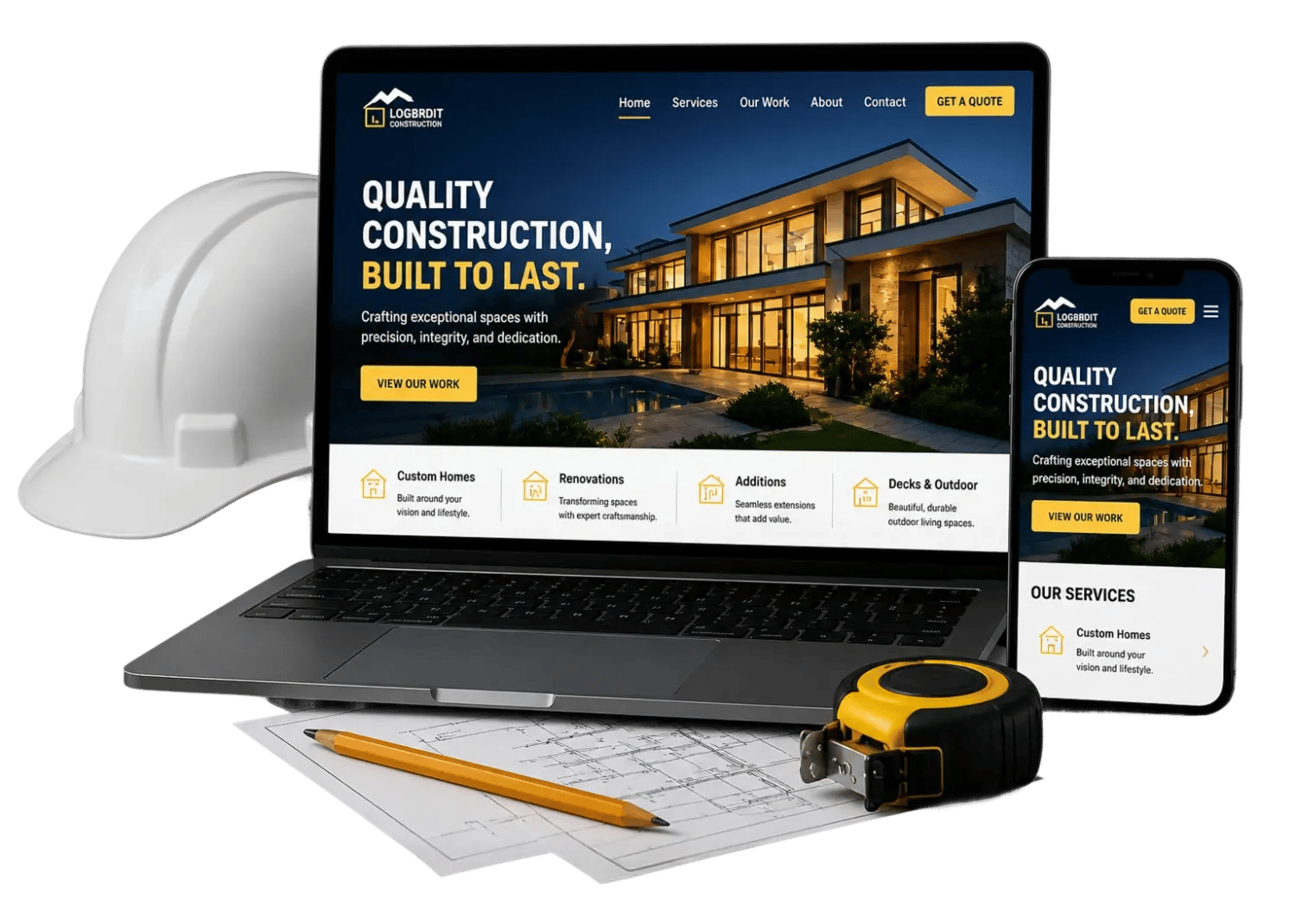 Construction website mockup with laptop and phone