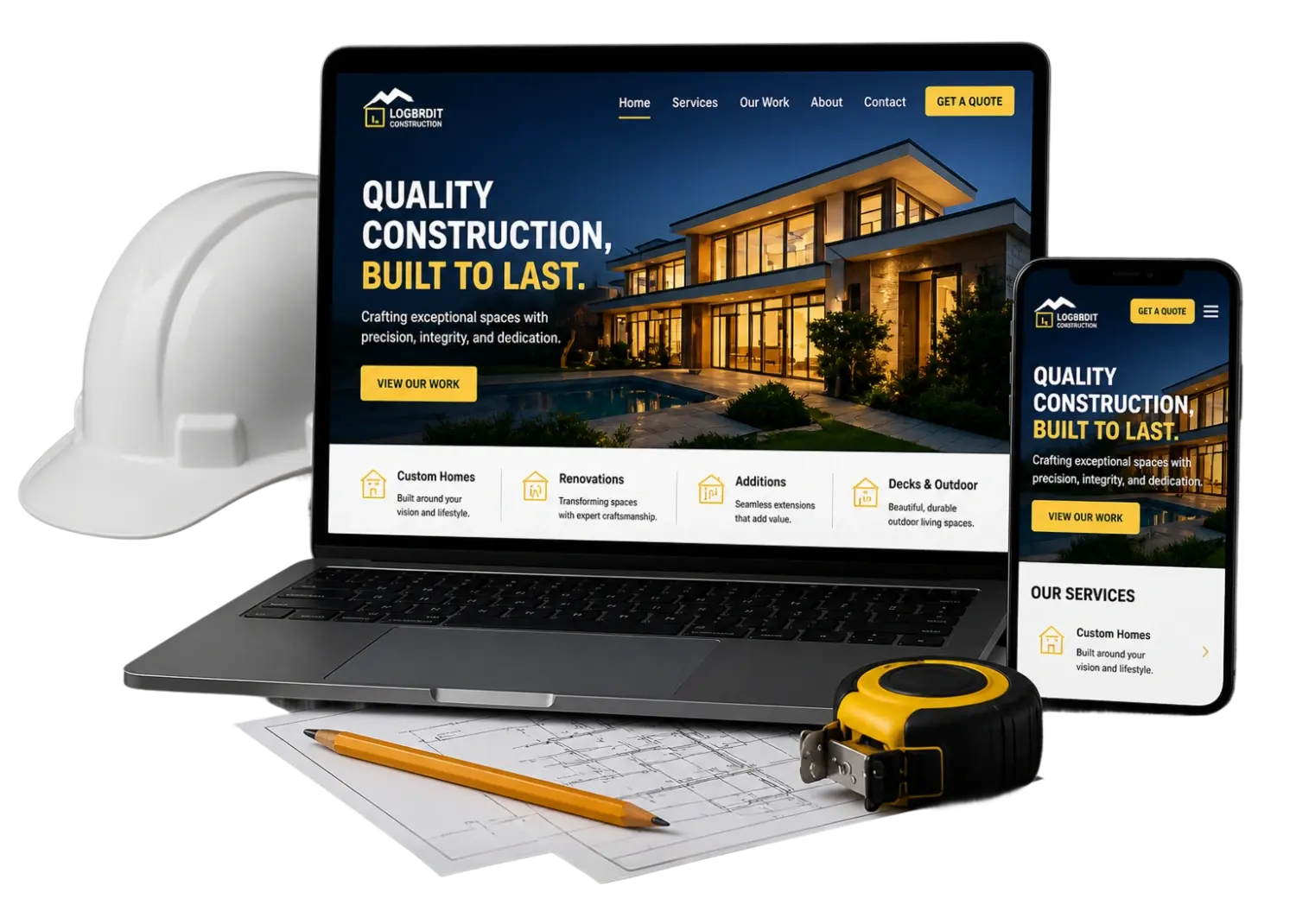 Construction website mockup with laptop and phone